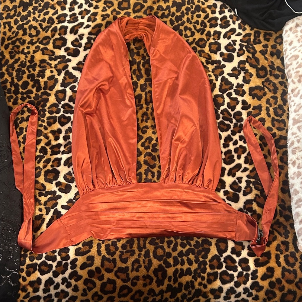 Orange Satin Halter Crop Top